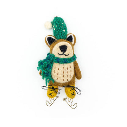 Brown Bear on Skates Holiday Eco Wool Ornament