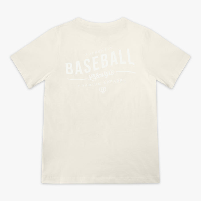 Beige t-shirt with 'Authentic Baseball Lifestyle PREMIUM APPAREL' text on a white background