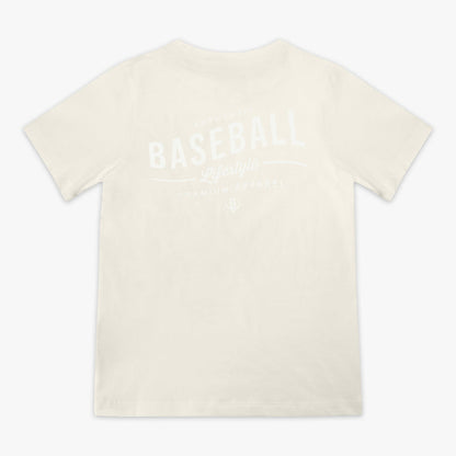 Beige t-shirt with 'Authentic Baseball Lifestyle PREMIUM APPAREL' text on a white background