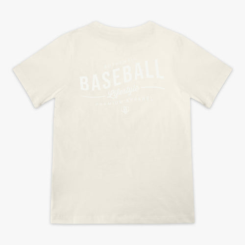 Beige t-shirt with 'Authentic Baseball Lifestyle PREMIUM APPAREL' text on a white background