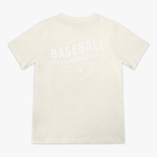 Beige t-shirt with 'Authentic Baseball Lifestyle PREMIUM APPAREL' text on a white background