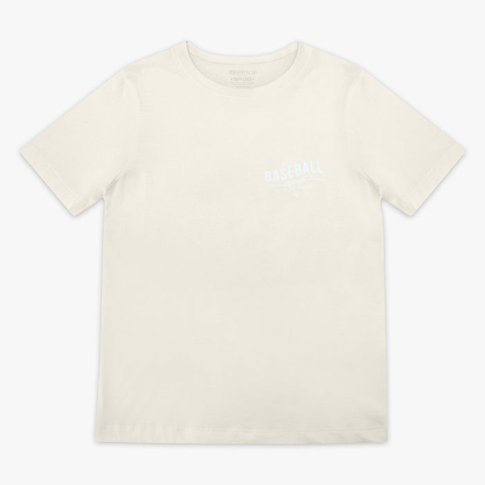 Beige t-shirt with 'Authentic Baseball Lifestyle PREMIUM APPAREL' text on a white background