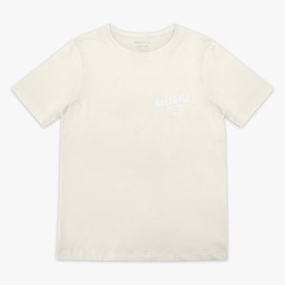 Beige t-shirt with 'Authentic Baseball Lifestyle PREMIUM APPAREL' text on a white background