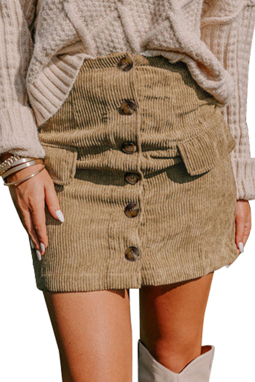 Camel Corduroy Buttoned Front Faux Pockets Mini Skirt