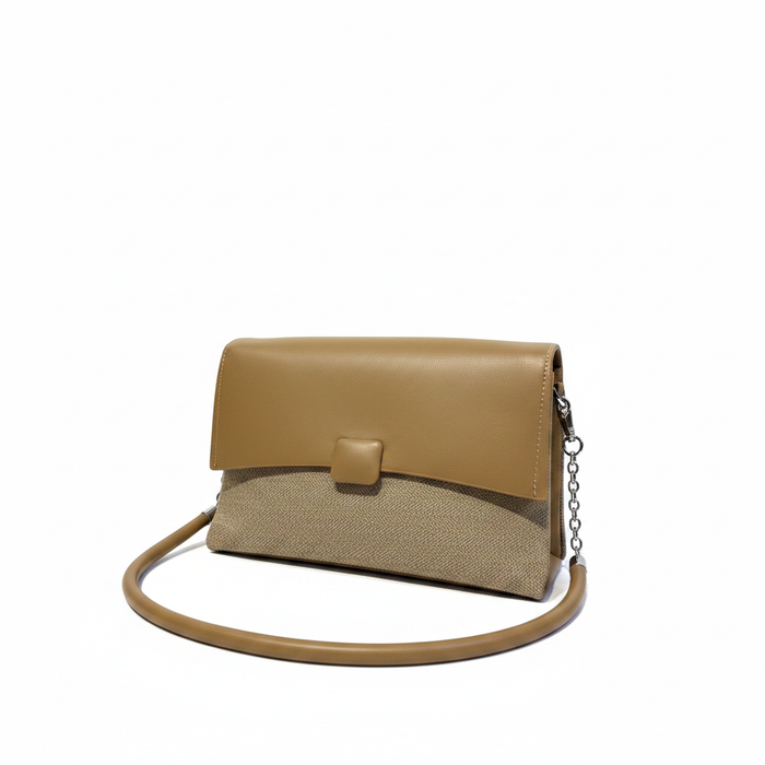 Camel Leather Flap Crossbody Bag - White Background