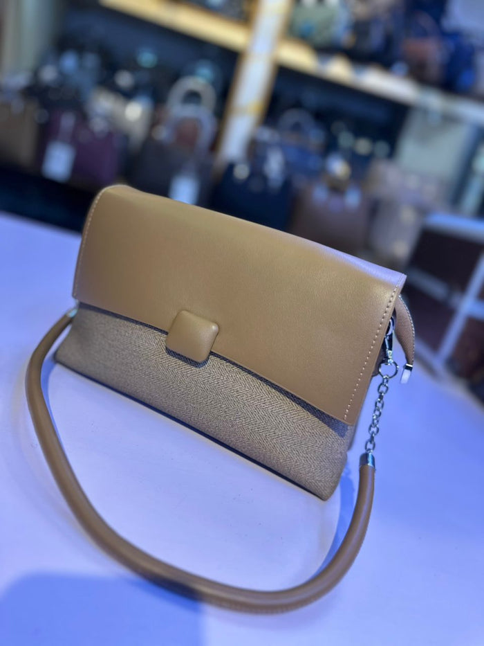 Camel Leather Flap Crossbody Bag | Soft PU Leather | Tweed Panel | Chain Detail | Women