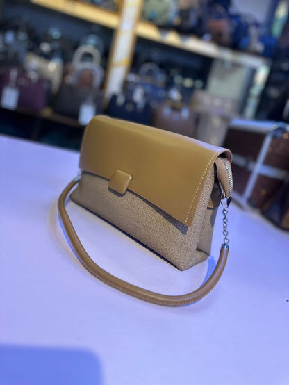 Camel Leather Flap Crossbody Bag | Soft PU Leather | Tweed Panel | Chain Detail | Women