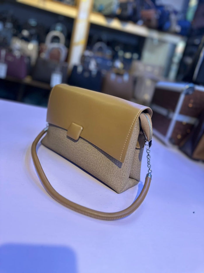 Camel Leather Flap Crossbody Bag | Soft PU Leather | Tweed Panel | Chain Detail | Women