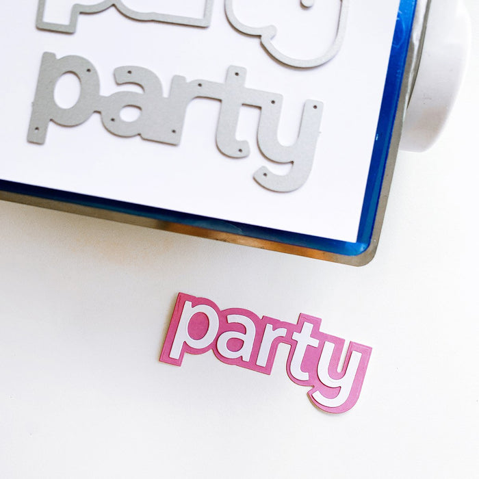 Catherine Pooler - Dies - Party Word. Time to Party with the Party Word Die!  This fun layered word die includes a background frame die and letter dies spelling out PARTY!  Create a fun background layer with ink colors or patterned paper and pop your letters over top to create an eye-catching sentiment. Available at Embellish Away located in Bowmanville Ontario Canada.