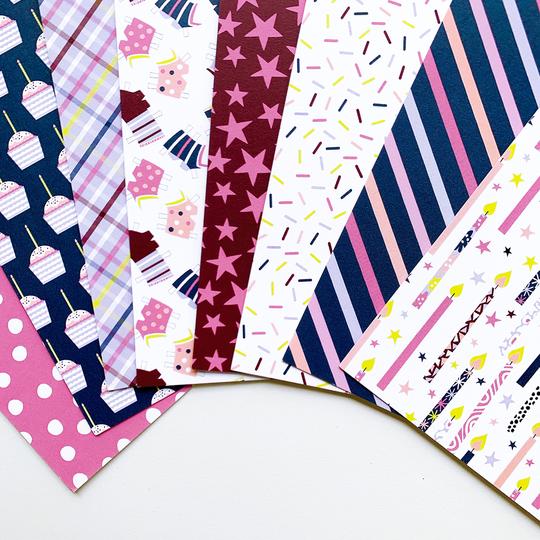Catherine Pooler - Patterned Paper - Cupcakes & Candles. Patterned paper that is ready to celebrate- grab a pack of Cupcakes & Candles!  This pack of 8 designs features a spa color combo of Sparkling Berry, Merlot, Clay Mask, Lemongrass, Juniper Mist and Serene.  Featuring fun party patterns of candles and cupcakes as well as festive confetti and dots. Available at Embellish Away located in Bowmanville Ontario Canada.
