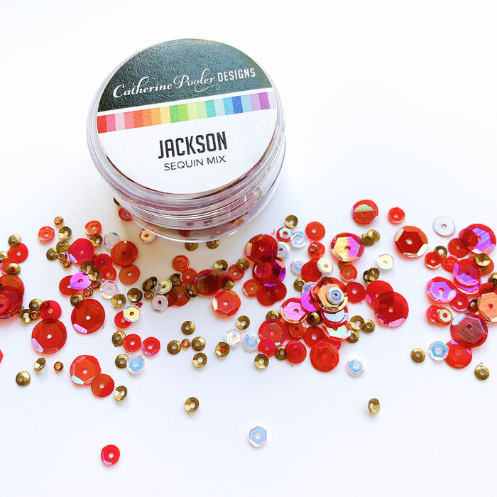 Catherine Pooler - Sequin Mix - Jackson. The mountain town of Jackson, Wyoming is the home of National Parks and a playground for outdoor living, arts and culture.  This city is full of Bohemian style and is the perfect name for this blend of sequins.  The Jackson Sequin mix is a mix of warm Rouge and shimmery Sangria with a pop of antique and rustic gold. Available at Embellish Away located in Bowmanville Ontario Canada.