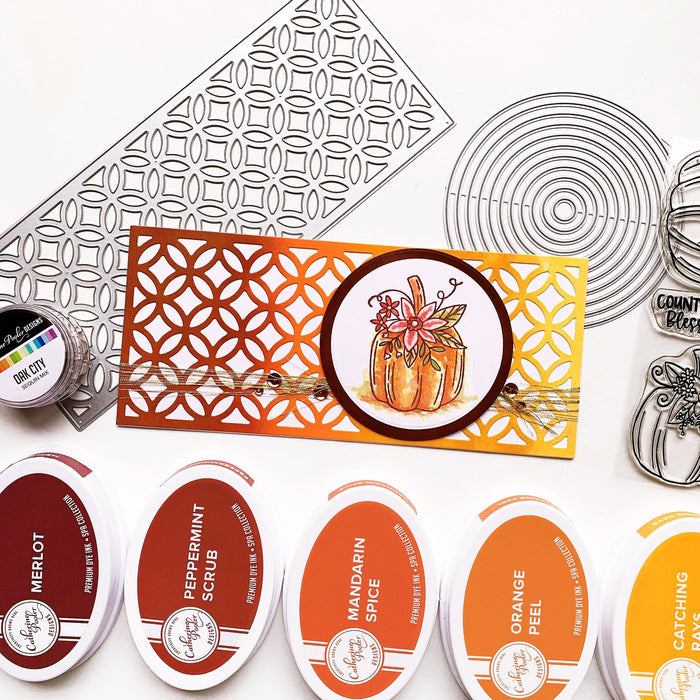 Catherine Pooler - Slimline Die - Sitting Pretty. Like a beautiful woven cane patterned porch seat, the Sitting Pretty Slimline Die will add a textural element of pretty to your next card. This slimline die is formatted to 8.5" x 3.5" base slimline card but can also be added to a traditional card as a background element or even used as a stencil. Available at Embellish Away located in Bowmanville Ontario Canada. Example by Catherine Pooler.
