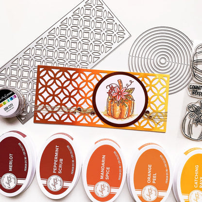 Catherine Pooler - Slimline Die - Sitting Pretty. Like a beautiful woven cane patterned porch seat, the Sitting Pretty Slimline Die will add a textural element of pretty to your next card. This slimline die is formatted to 8.5" x 3.5" base slimline card but can also be added to a traditional card as a background element or even used as a stencil. Available at Embellish Away located in Bowmanville Ontario Canada. Example by Catherine Pooler.