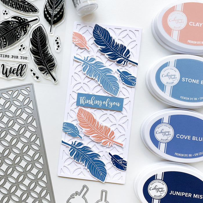 Catherine Pooler - Slimline Die - Sitting Pretty. Like a beautiful woven cane patterned porch seat, the Sitting Pretty Slimline Die will add a textural element of pretty to your next card. This slimline die is formatted to 8.5" x 3.5" base slimline card but can also be added to a traditional card as a background element or even used as a stencil. Available at Embellish Away located in Bowmanville Ontario Canada. Example by Catherine Pooler.
