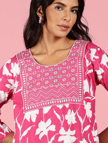 Pink Jaipuri Cotton Night Dress for Women With Embroidery