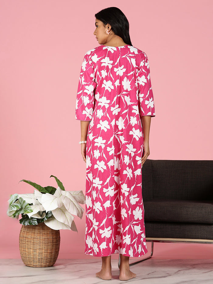 Pink Jaipuri Cotton Night Dress for Women With Embroidery