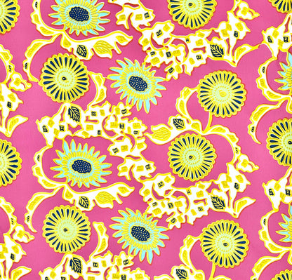 China Seas Fabric: Flora II - Custom Pink / Yellow / Green / Blue on White Cotton Sateen