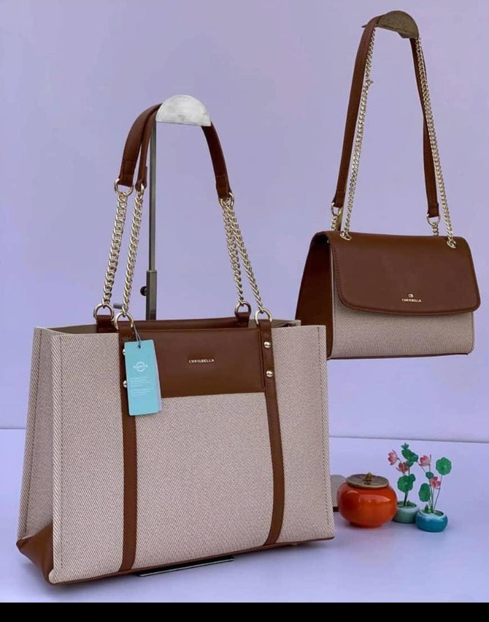 Chrisbella Beige & Brown 2pc Bag Set