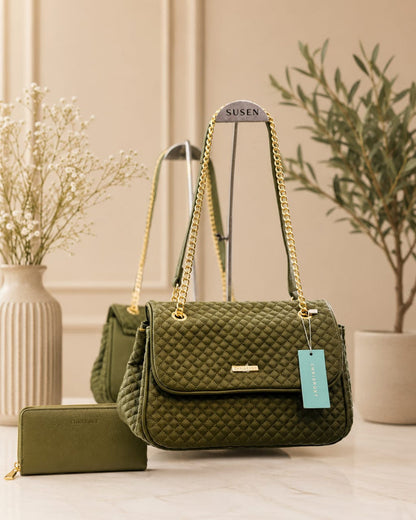 Chrisrosy Olive Green 2pc Quilted Bag Set