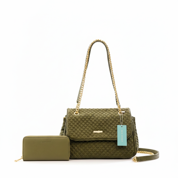 Chrisrosy Olive Green 2pc Quilted Bag Set