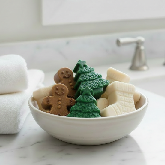 Decorative soaps shaped like a gingerbread man and Christmas tree in a bowl on a kitchen counter.