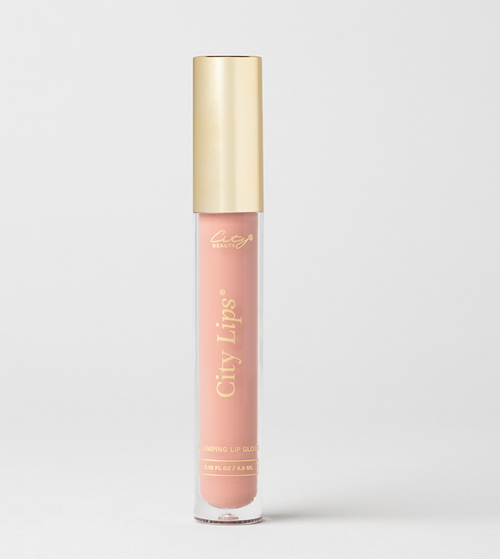 City Lips Pink Nude opaque lipgloss from City Beauty, showing a smooth, glossy pink nude finish on lips.