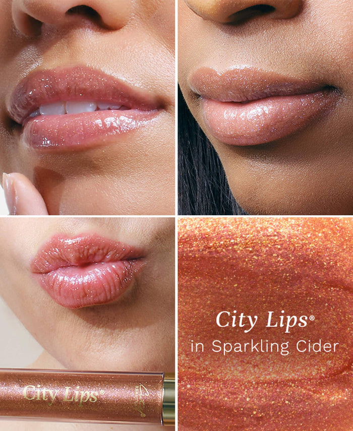 City Lips sparkling cider shimmer lip gloss from City Beauty, showcasing a shimmering, glossy finish on smooth lips.