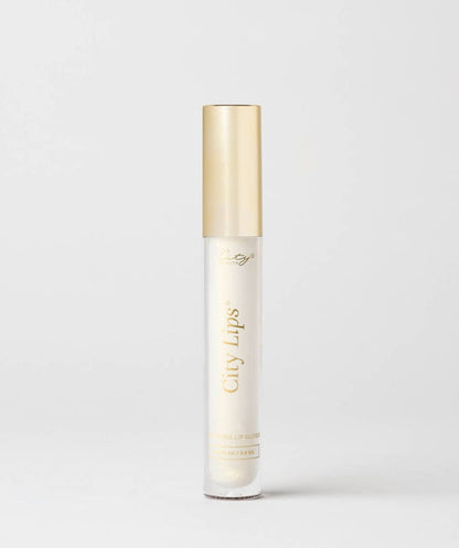 City Lips Midnight Sparkle gold glitter lip gloss, shiny and glamorous, with a sleek applicator showing in the image.