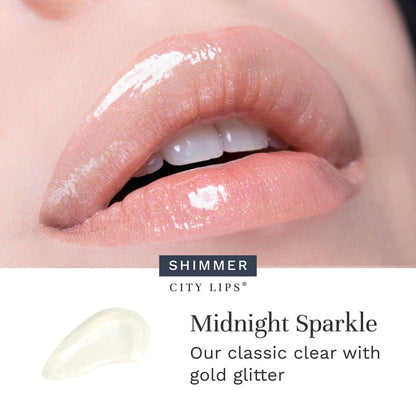 City Lips® Midnight Sparkle gold glitter lipgloss showcasing shimmering gold and clear gloss on smooth lips.