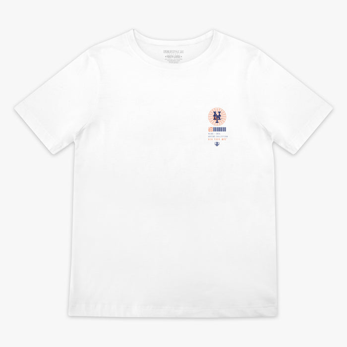 White t-shirt with a small 'New York Mets' logo on the chest against a white background