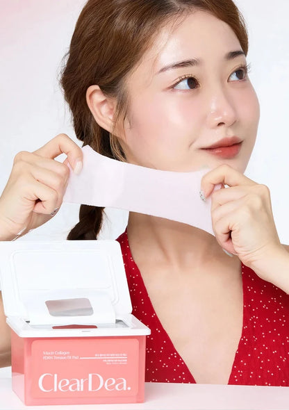 Woman using a neck care product with 'ClearDea' packaging on a white background