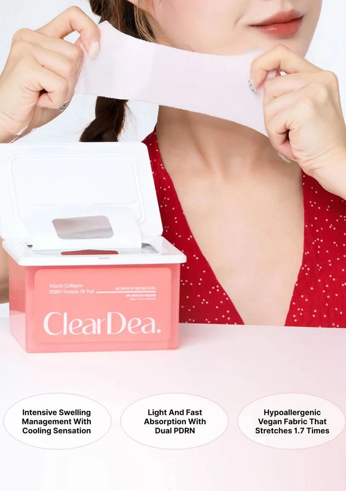 Person using ClearDea face wipes with product packaging displayed.