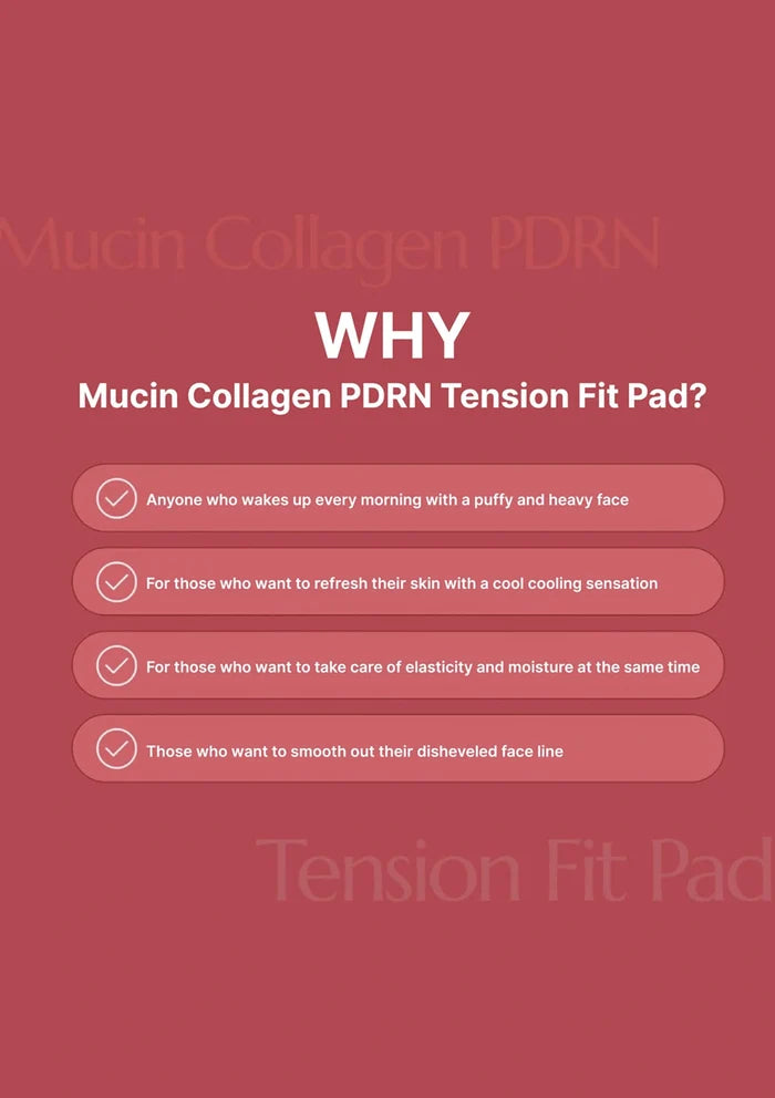 Promotional text for Mucin Collagen PDRN Tension Fit Pad on a red background