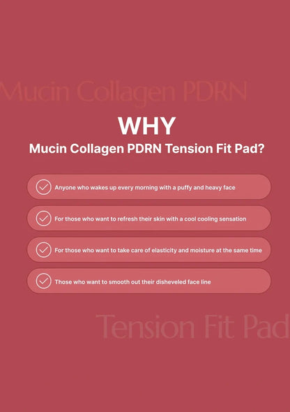 Promotional text for Mucin Collagen PDRN Tension Fit Pad on a red background