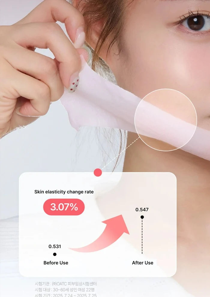 Person using a skincare product on their ear with a before and after elasticity change rate display.