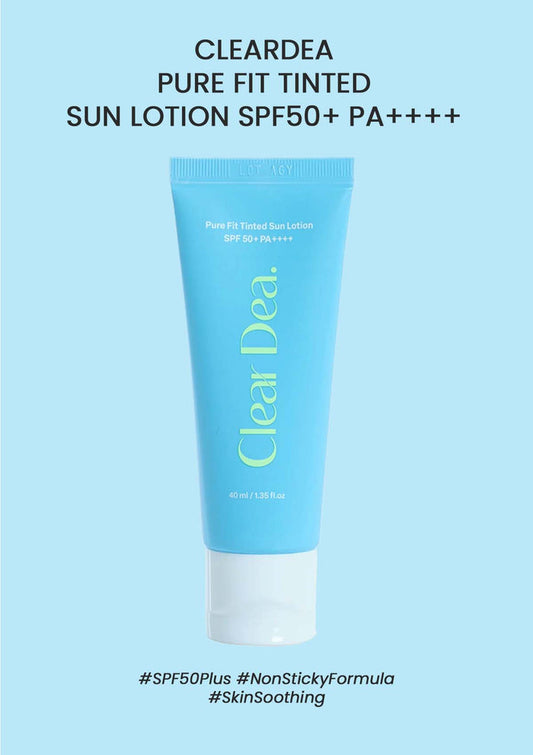 Clear Dea sun lotion tube on a light blue background