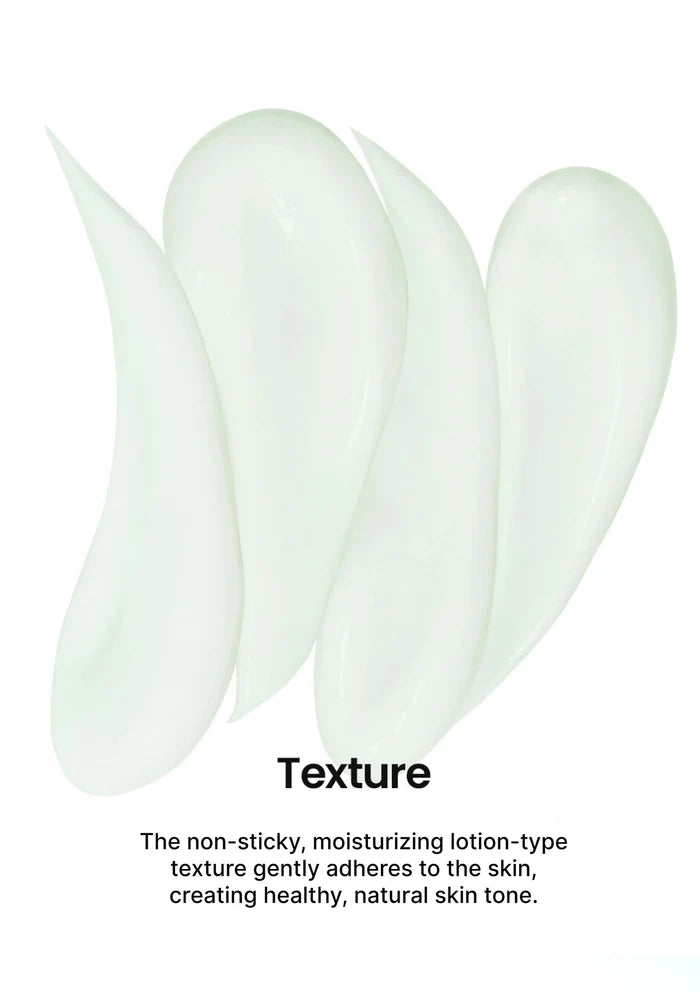 Four glossy, translucent white cream swatches arranged vertically on a white background, with the text 'Texture' and a short descriptive paragraph below.