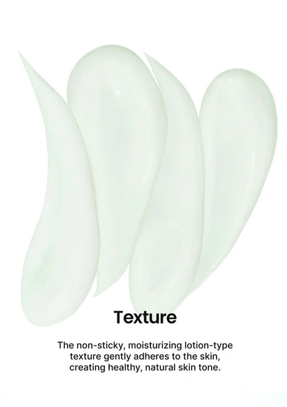 Four glossy, translucent white cream swatches arranged vertically on a white background, with the text 'Texture' and a short descriptive paragraph below.