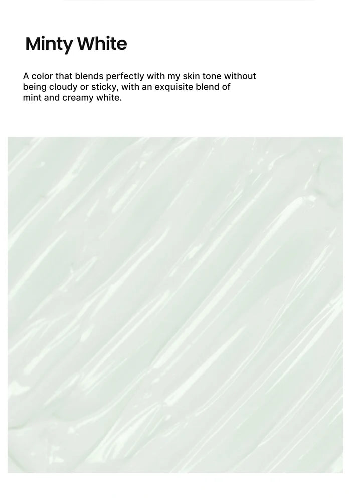 A color swatch card labeled 'Minty White' with a descriptive text block above a large square swatch showing a pale minty off-white creamy texture.