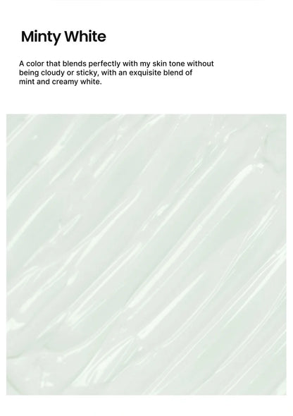 A color swatch card labeled 'Minty White' with a descriptive text block above a large square swatch showing a pale minty off-white creamy texture.
