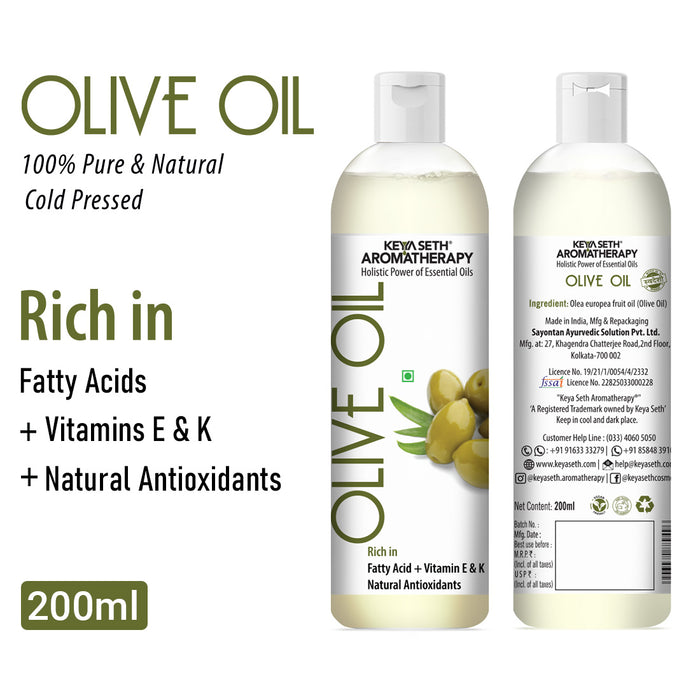 Cold Pressed Pure Olive Oil for Face, Body & Cooking Rich in Vitamin E & K - Keya Seth Aromatherapy