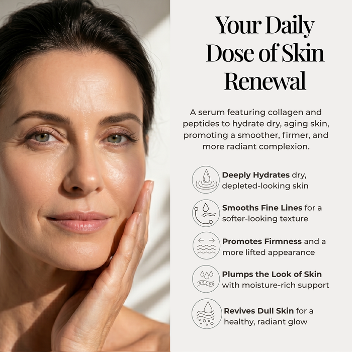 Collagen Plus Peptide Duo Serum Woman applying serum to her face with text about skin renewal benefits.