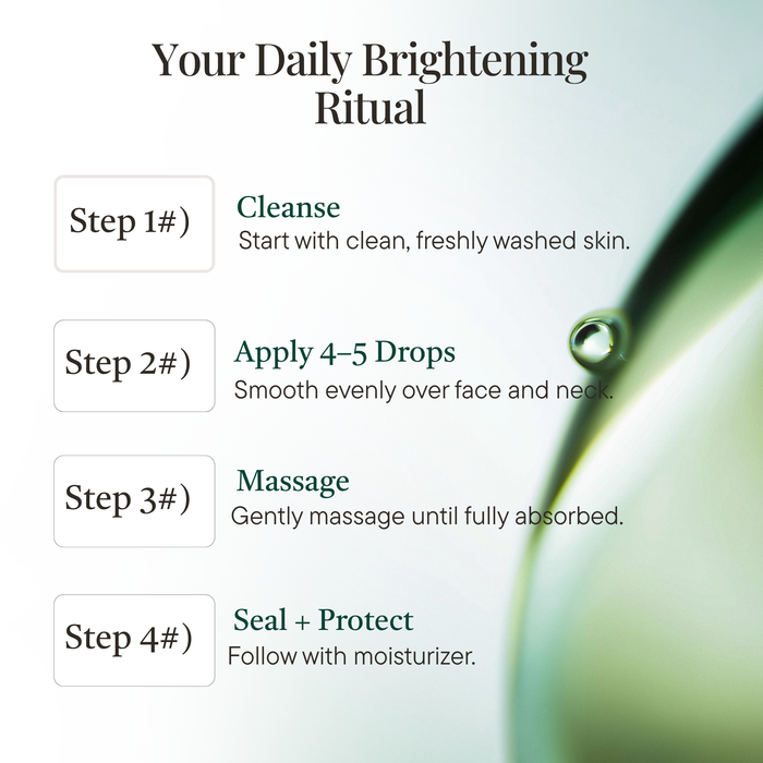 Instructions for a daily brightening ritual with steps and a close-up of a droplet.