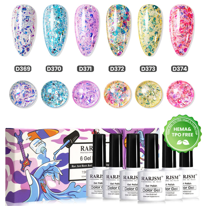 Confetti Glitter Gel Polish Set - 6 Colors Spring Summer Chunky Flake Collection 7.5ml - TPO & HEMA Free
