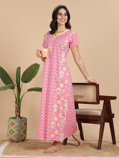 Coral Pink Pure Cotton Night Dress For Women With Pocket