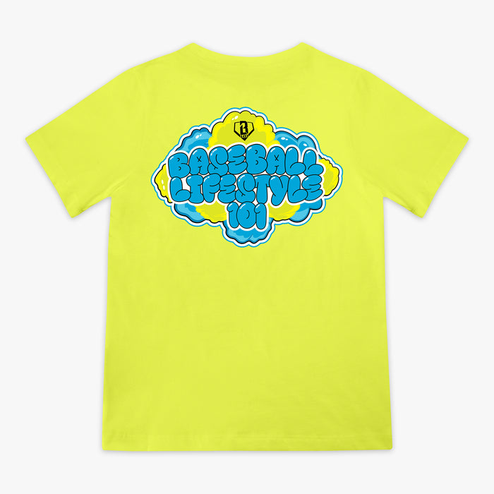 Yellow t-shirt with blue and white graphic BL101 design on a white background