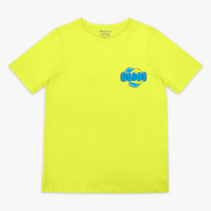 Yellow t-shirt with a blue and green BL101 logo on a white background