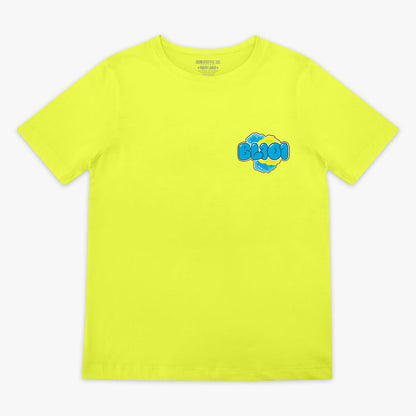 Yellow t-shirt with a blue and green BL101 logo on a white background