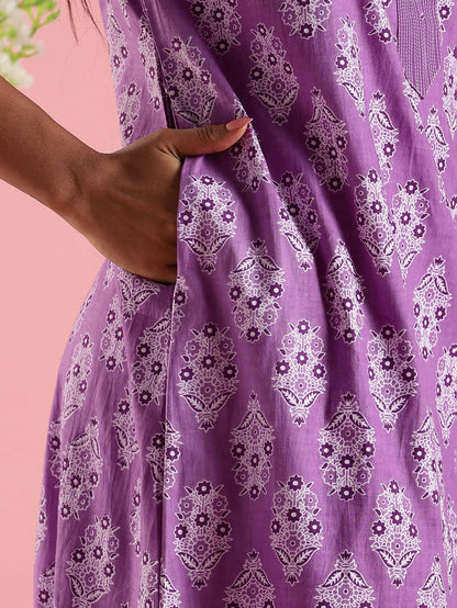 Cotton Nighty for Women in Purple with Printed Design and Pocket