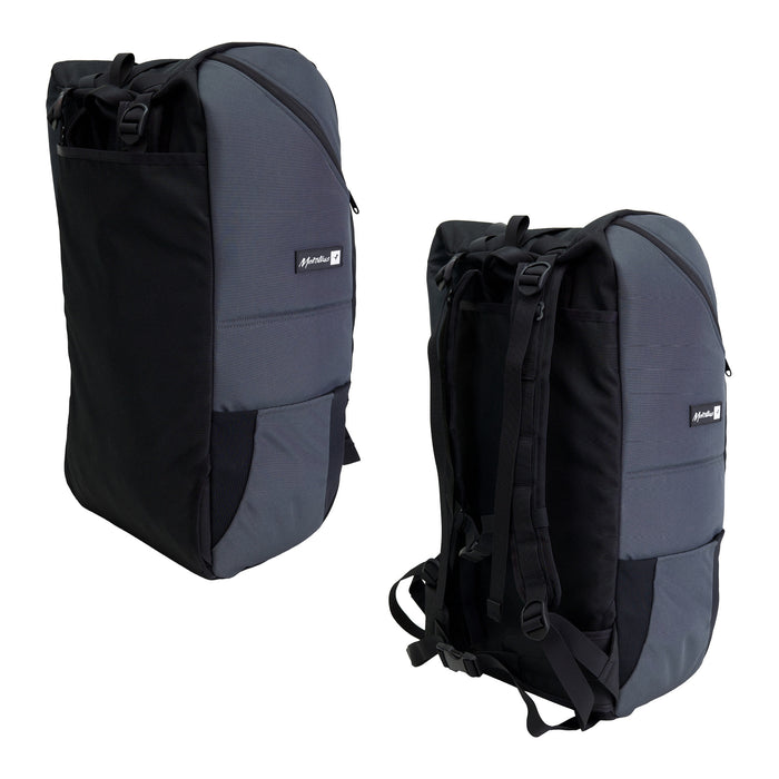 Tuck-away shoulder straps and waist belt for use as carry on luggage.